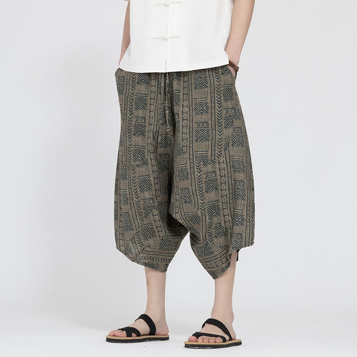 Buddha Stones Summer Boho Casual Elastic Waist Geometric Floral Pattern Capri Pants Men's Harem Pants - Tan - US/UK/AU48, EU58 (5XL) - image 0