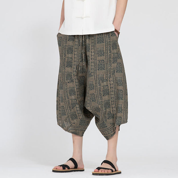 Buddha Stones Summer Boho Casual Elastic Waist Geometric Floral Pattern Capri Pants Men's Harem Pants - image 5