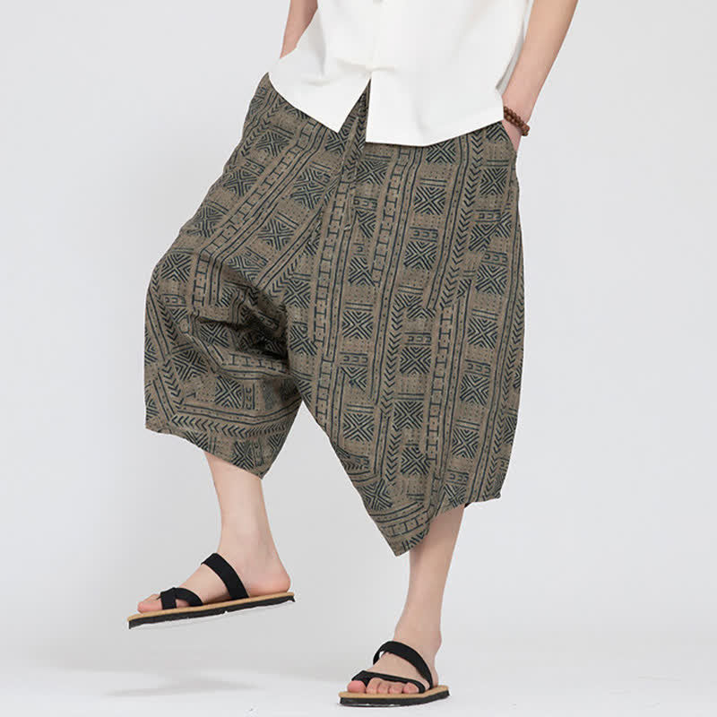 Buddha Stones Summer Boho Casual Elastic Waist Geometric Floral Pattern Capri Pants Men's Harem Pants - image 7