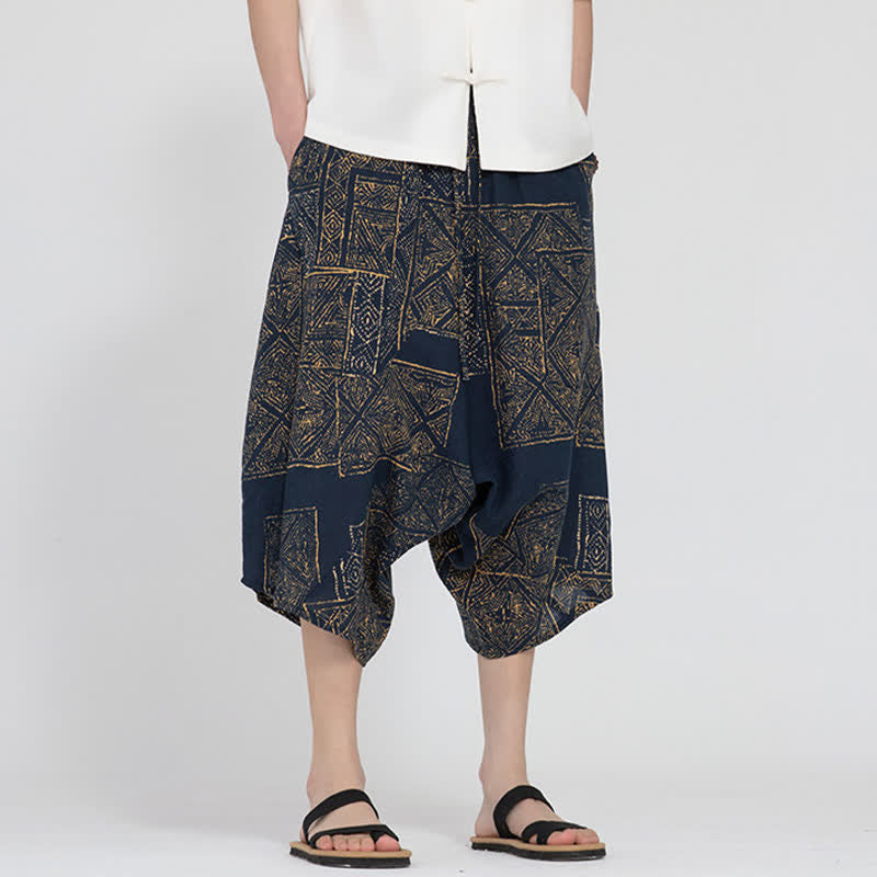Buddha Stones Summer Boho Casual Elastic Waist Geometric Floral Pattern Capri Pants Men's Harem Pants - SteelBlue - US/UK/AU48, EU58 (5XL) - image 14