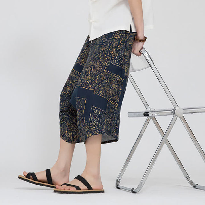 Buddha Stones Summer Boho Casual Elastic Waist Geometric Floral Pattern Capri Pants Men's Harem Pants - image 18