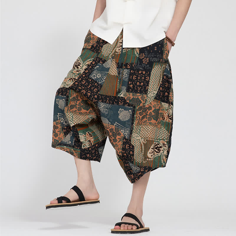 Buddha Stones Summer Boho Casual Elastic Waist Geometric Floral Pattern Capri Pants Men's Harem Pants - image 26