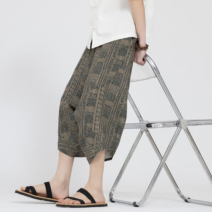 Buddha Stones Summer Boho Casual Elastic Waist Geometric Floral Pattern Capri Pants Men's Harem Pants - image 8