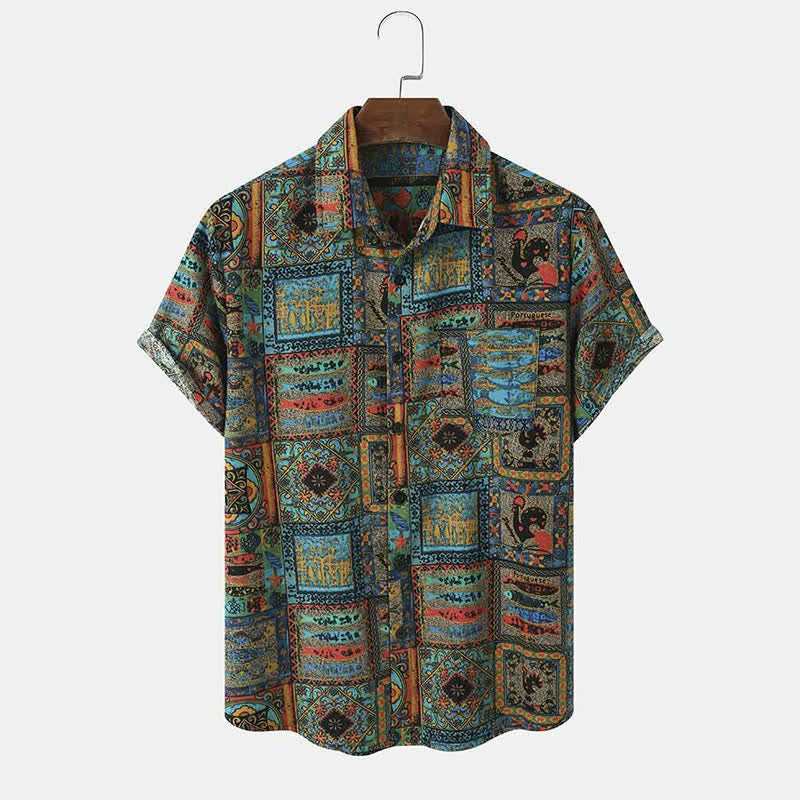 Buddha Stones Summer Boho Vintage Button-Up Geometric Men's Short Sleeve Shirts - Teal - US/UK/AU40，EU50 (3XL) - image 0