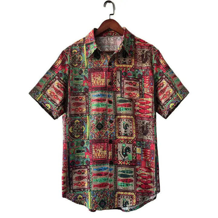 Buddha Stones Summer Boho Vintage Button-Up Geometric Men's Short Sleeve Shirts - Crimson - US/UK/AU40，EU50 (3XL) - image 6
