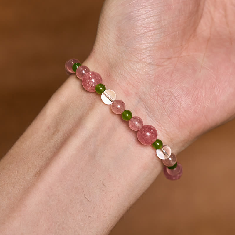 Buddha Stones Strawberry Quartz Green Agate Clear Quartz Healing Bracelet - image 9