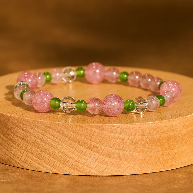 Buddha Stones Strawberry Quartz Green Agate Clear Quartz Healing Bracelet - image 1