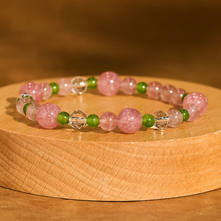 Buddha Stones Strawberry Quartz Green Agate Clear Quartz Healing Bracelet - image 1