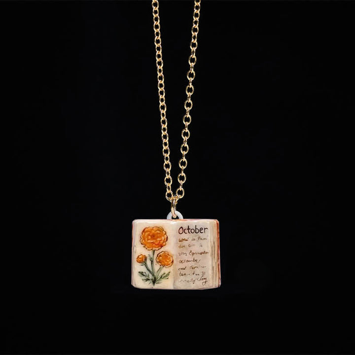 Buddha Stones Copper Birth Flower Strengthen Book Design Balance Pendant Necklace - Calendula - image 37