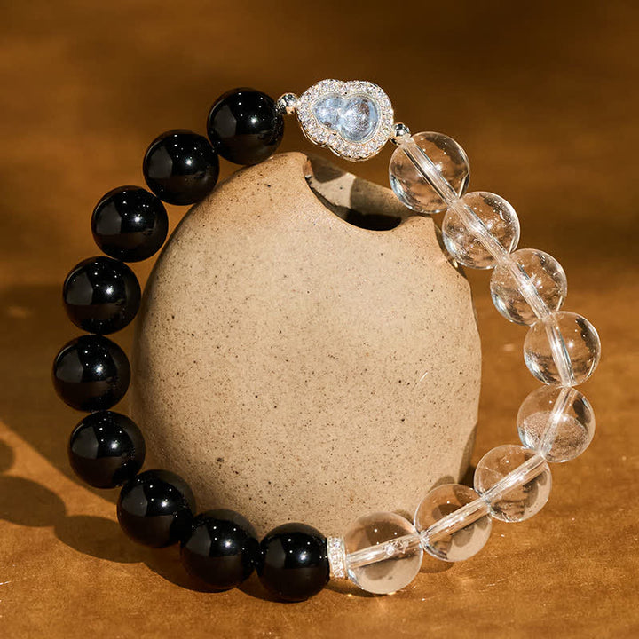 Buddha Stones Clear Quartz Black Obsidian Gourd Clarity Bracelet - Clear Quartz Black Obsidian(Wrist Circumference:16–17 cm) - image 17