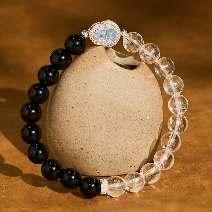 Buddha Stones Clear Quartz Black Obsidian Gourd Clarity Bracelet - Clear Quartz Black Obsidian(Wrist Circumference:15–16 cm) - image 0