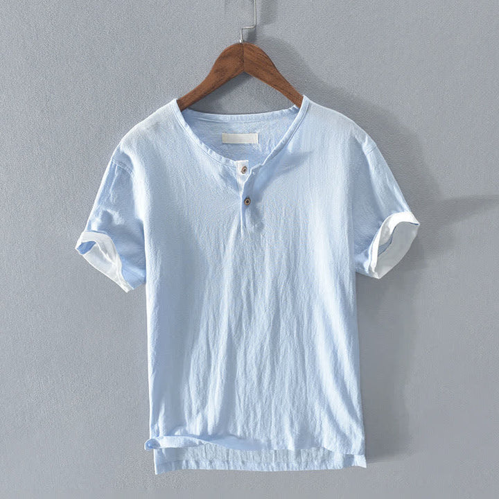 Buddha Stones Summer Casual Minimalist Two Buttons Solid Cotton Linen Men's Short Sleeve Shirts - LightSkyBlue - US/UK/AU44, EU54 (3XL) - image 6