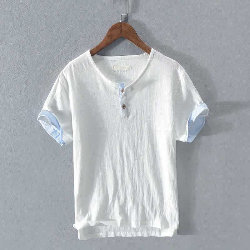 Buddha Stones Summer Casual Minimalist Two Buttons Solid Cotton Linen Men's Short Sleeve Shirts - White - US/UK/AU44, EU54 (3XL) - image 10