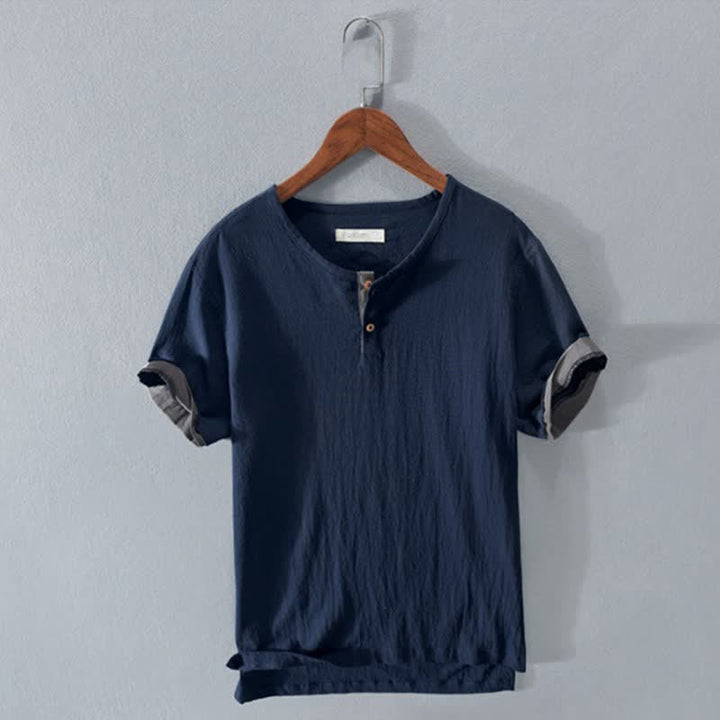 Buddha Stones Summer Casual Minimalist Two Buttons Solid Cotton Linen Men's Short Sleeve Shirts - MidnightBlue - US/UK/AU44, EU54 (3XL) - image 5