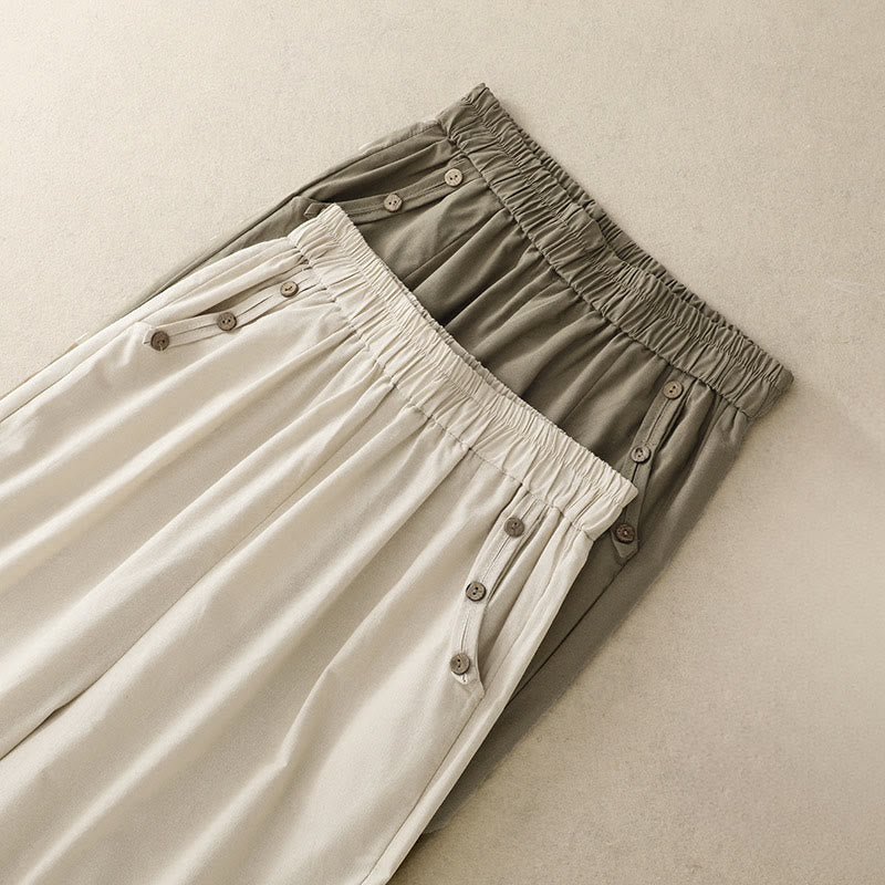 Buddha Stones Spring Summer Casual Decorative Buttons Solid Cropped Pants Women's Harem Pants With Pocket - image 17