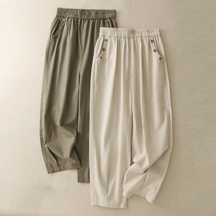 Buddha Stones Spring Summer Casual Decorative Buttons Solid Cropped Pants Women's Harem Pants With Pocket - image 15