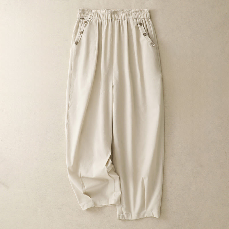 Buddha Stones Spring Summer Casual Decorative Buttons Solid Cropped Pants Women's Harem Pants With Pocket - Beige - US12, UK/AU16, EU44 (2XL) - image 0