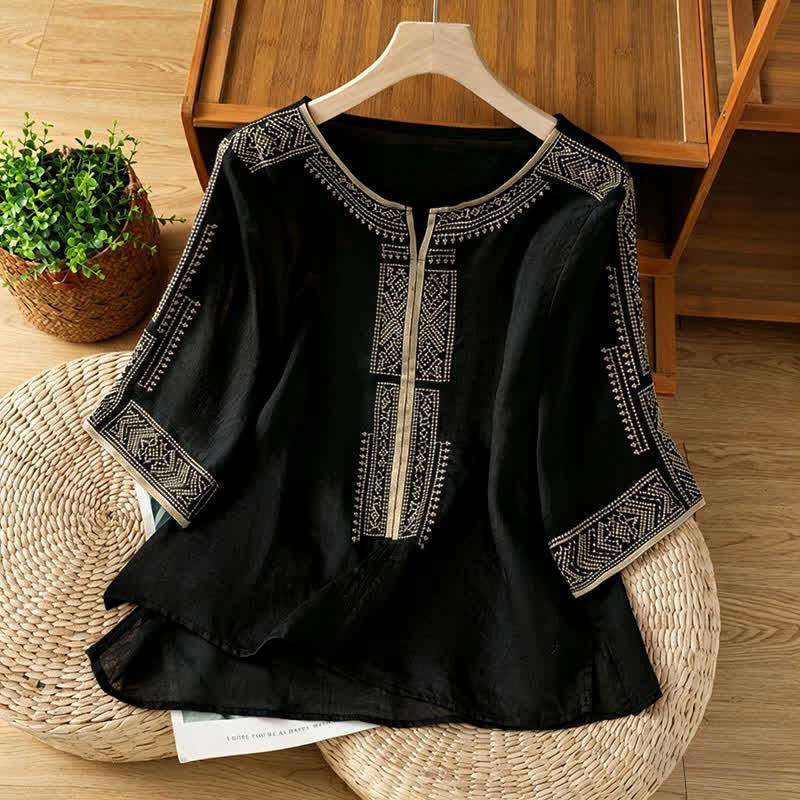 Buddha Stones Summer Boho Casual Embroidery Geometric Women's Short Sleeve T-Shirts - Black - US8-10, UK/AU12-14, EU40-42 (2XL) - image 0