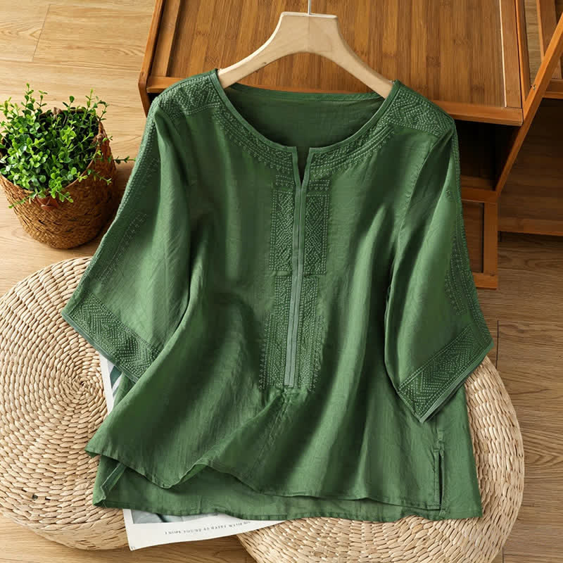 Buddha Stones Summer Boho Casual Embroidery Geometric Women's Short Sleeve T-Shirts - DarkOliveGreen - US8-10, UK/AU12-14, EU40-42 (2XL) - image 6