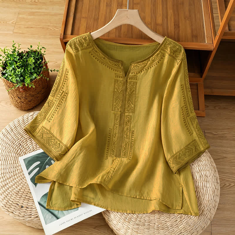 Buddha Stones Summer Boho Casual Embroidery Geometric Women's Short Sleeve T-Shirts - DarkKhaki - US8-10, UK/AU12-14, EU40-42 (2XL) - image 12