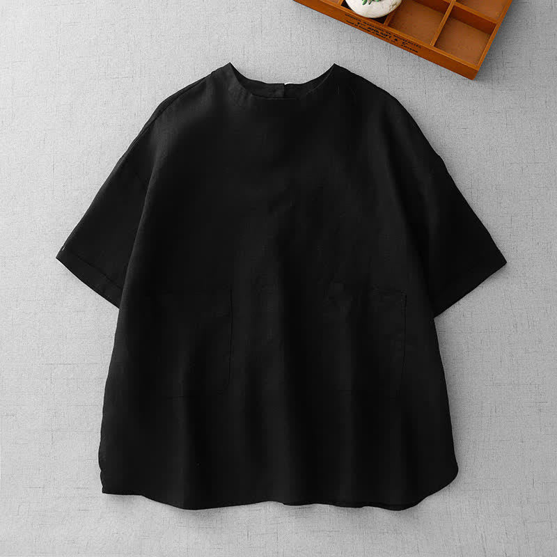 Buddha Stones Summer Casual Minimalist Back Buttons Solid Women's Short Sleeve T-Shirts With Front Pockets - Black - US14, UK/AU18, EU46 (2XL) - image 17