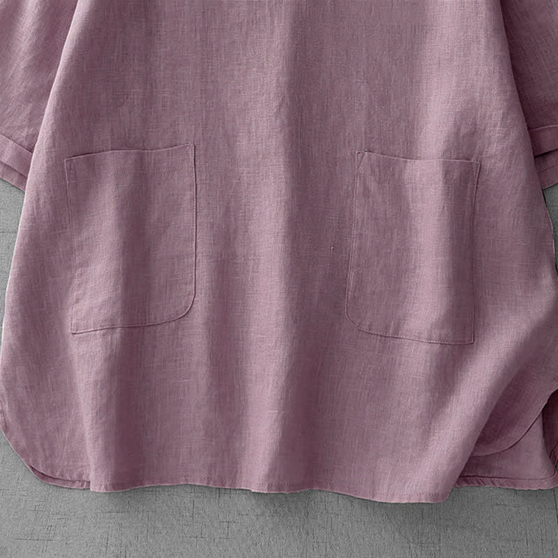 Buddha Stones Summer Casual Minimalist Back Buttons Solid Women's Short Sleeve T-Shirts With Front Pockets - image 5