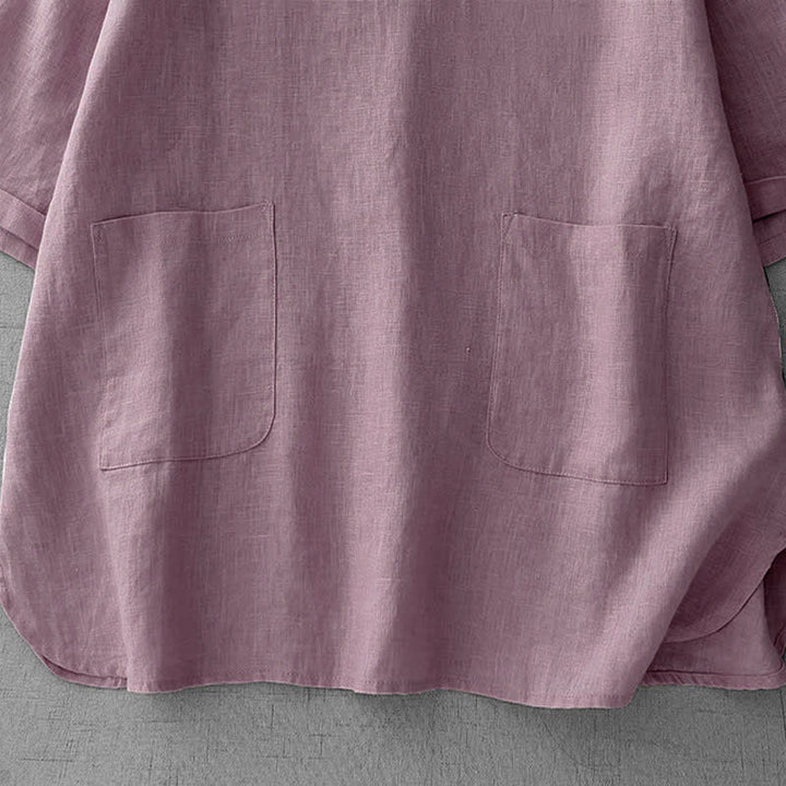 Buddha Stones Summer Casual Minimalist Back Buttons Solid Women's Short Sleeve T-Shirts With Front Pockets - image 5