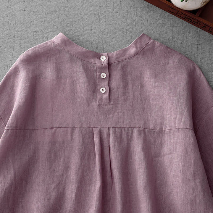 Buddha Stones Summer Casual Minimalist Back Buttons Solid Women's Short Sleeve T-Shirts With Front Pockets - image 3