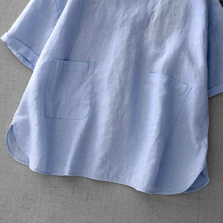 Buddha Stones Summer Casual Minimalist Back Buttons Solid Women's Short Sleeve T-Shirts With Front Pockets - image 12