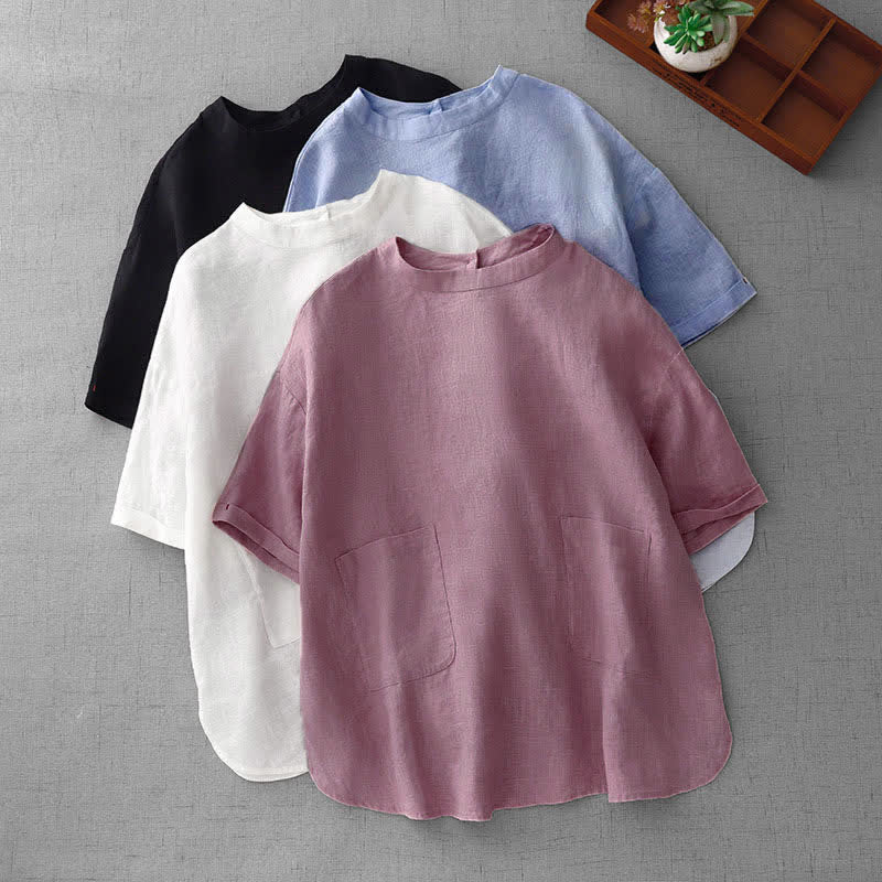 Buddha Stones Summer Casual Minimalist Back Buttons Solid Women's Short Sleeve T-Shirts With Front Pockets - image 29