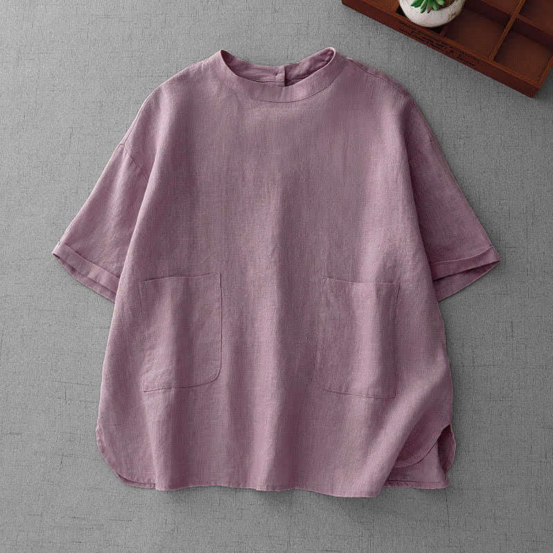 Buddha Stones Summer Casual Minimalist Back Buttons Solid Women's Short Sleeve T-Shirts With Front Pockets - Thistle - US14, UK/AU18, EU46 (2XL) - image 0