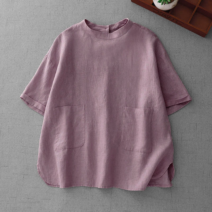 Buddha Stones Summer Casual Minimalist Back Buttons Solid Women's Short Sleeve T-Shirts With Front Pockets - Thistle - US14, UK/AU18, EU46 (2XL) - image 0