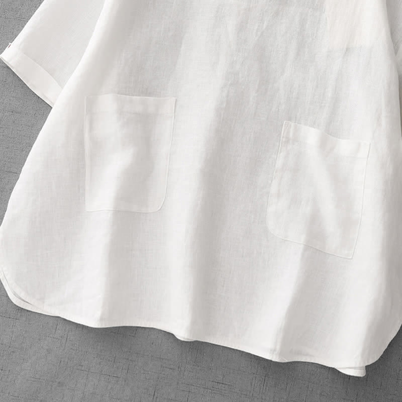 Buddha Stones Summer Casual Minimalist Back Buttons Solid Women's Short Sleeve T-Shirts With Front Pockets - image 26