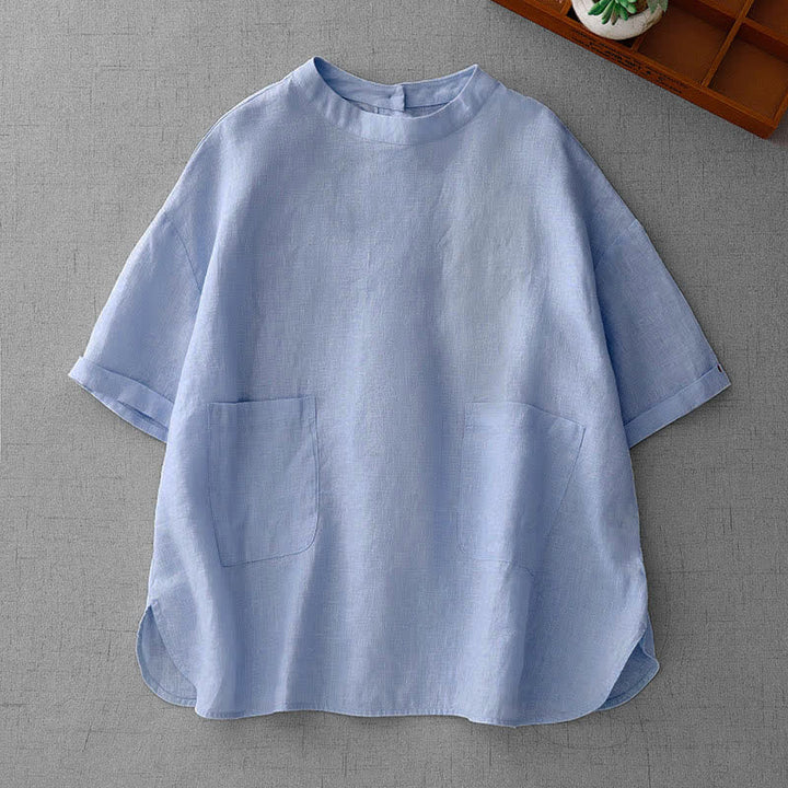 Buddha Stones Summer Casual Minimalist Back Buttons Solid Women's Short Sleeve T-Shirts With Front Pockets - LightSteelBlue - US14, UK/AU18, EU46 (2XL) - image 10