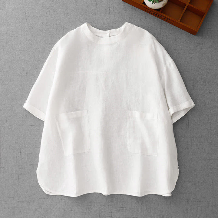 Buddha Stones Summer Casual Minimalist Back Buttons Solid Women's Short Sleeve T-Shirts With Front Pockets - White - US14, UK/AU18, EU46 (2XL) - image 23