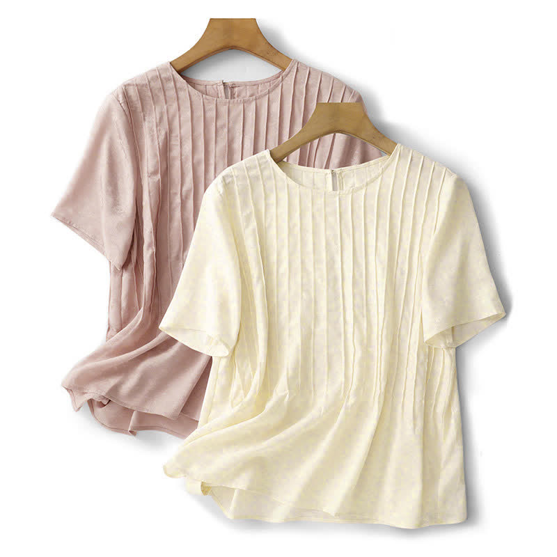 Buddha Stones Summer Elegant Pleated Solid Women's Short Sleeve T-Shirts - image 21