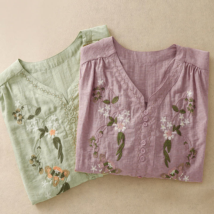 Buddha Stones Summer Boho Embroidery Floral Women's Short Sleeve Shirt - image 17