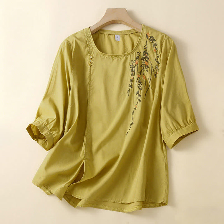 Buddha Stones Summer Casual Crew Neck Embroidery Flower Women's Short Sleeve T-Shirts - PaleGoldenrod - US14，UK/AU18，EU46 (4XL) - image 6