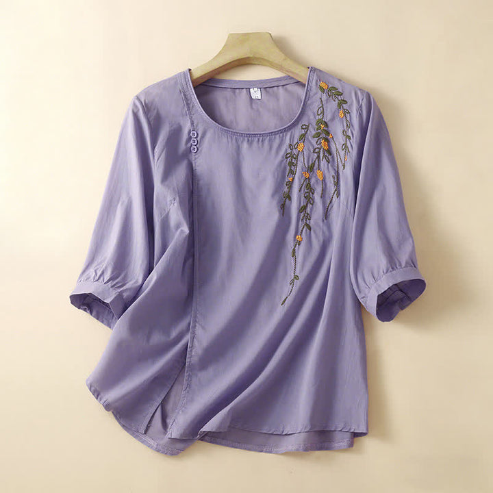 Buddha Stones Summer Casual Crew Neck Embroidery Flower Women's Short Sleeve T-Shirts - Lavender - US14，UK/AU18，EU46 (4XL) - image 0