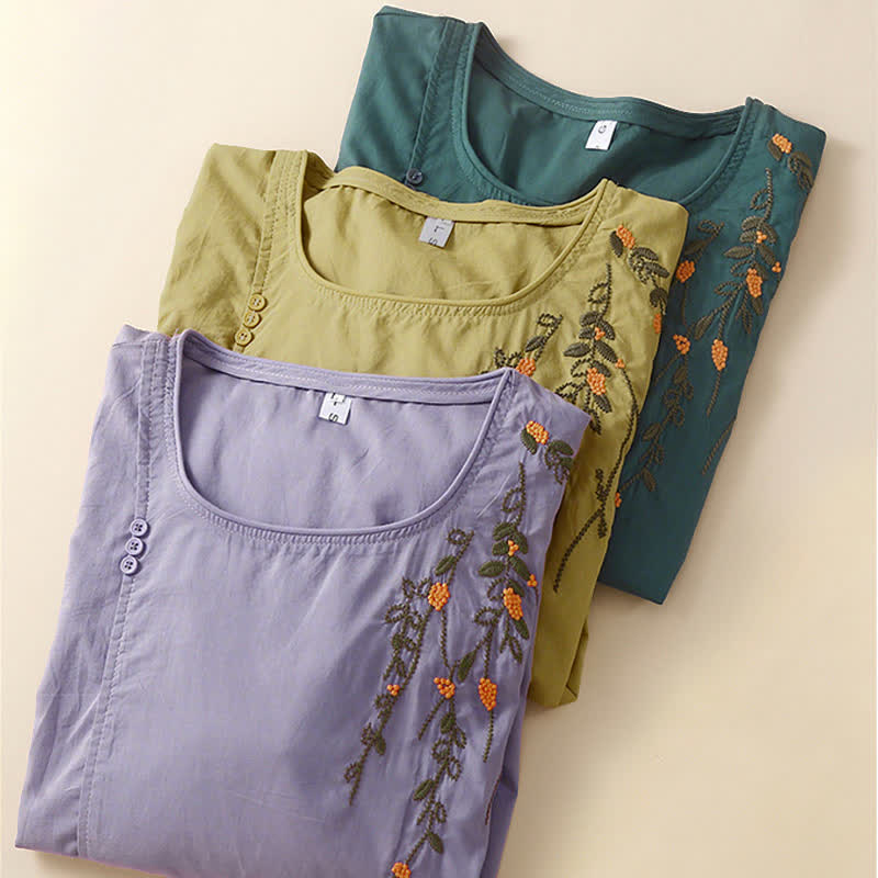 Buddha Stones Summer Casual Crew Neck Embroidery Flower Women's Short Sleeve T-Shirts - image 16