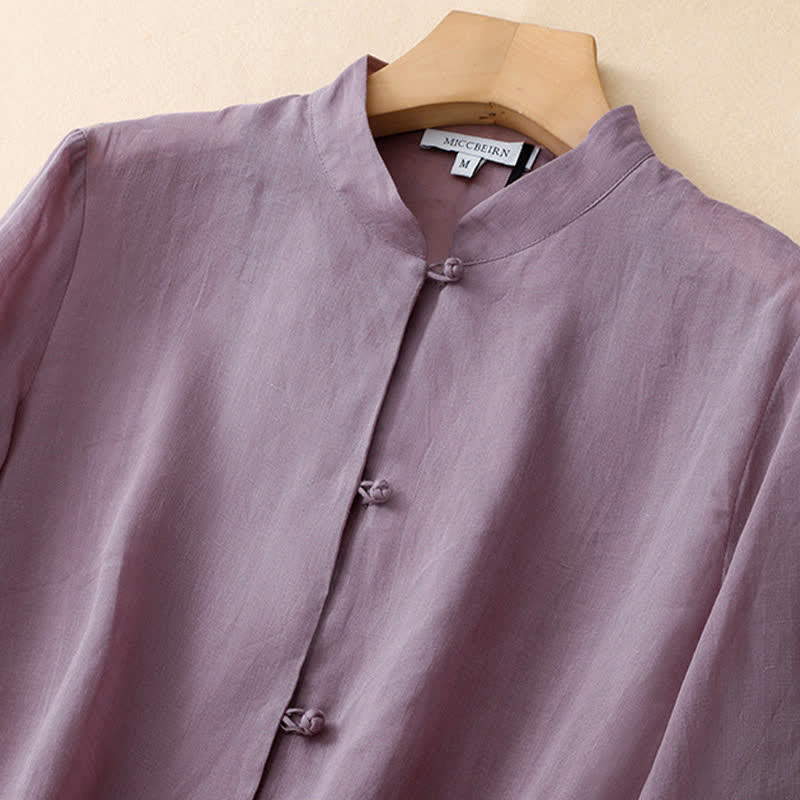 Buddha Stones Summer Solid Mandarin Collar Women's Three-Quarter Sleeve Shirts - image 2