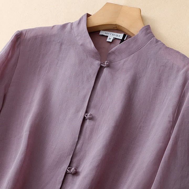 Buddha Stones Summer Solid Mandarin Collar Women's Three-Quarter Sleeve Shirts - image 2