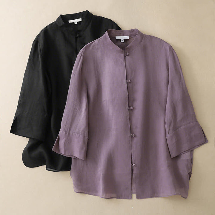 Buddha Stones Summer Solid Mandarin Collar Women's Three-Quarter Sleeve Shirts - image 16