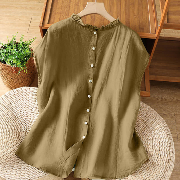 Buddha Stones Summer Casual Ruffled Collar Back Button-up Solid Women's Sleeveless Shirts - image 20