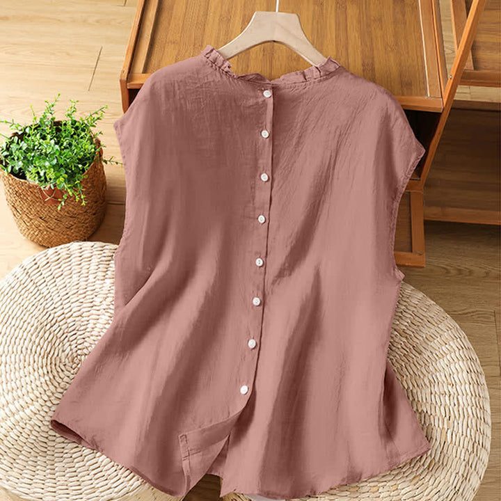 Buddha Stones Summer Casual Ruffled Collar Back Button-up Solid Women's Sleeveless Shirts - image 7