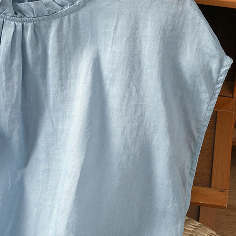 Buddha Stones Summer Casual Ruffled Collar Back Button-up Solid Women's Sleeveless Shirts - image 4