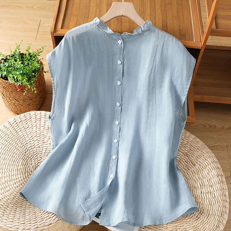 Buddha Stones Summer Casual Ruffled Collar Back Button-up Solid Women's Sleeveless Shirts - image 1