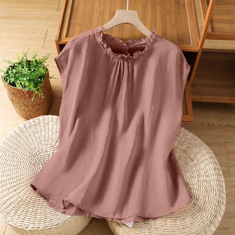 Buddha Stones Summer Casual Ruffled Collar Back Button-up Solid Women's Sleeveless Shirts - RosyBrown - US8-10，UK/AU12-14，EU40-42 (2XL) - image 6
