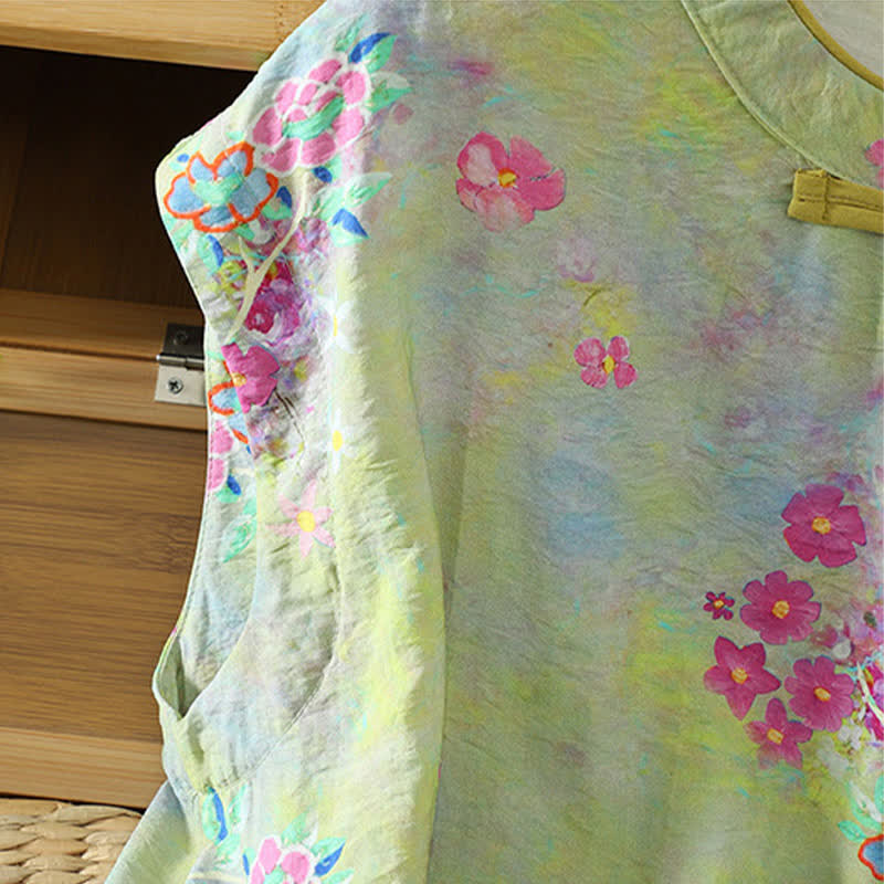 Buddha Stones Summer Elegant Mandarin Collar Side Slit Floral Print Women's Sleeveless Shirts - image 13