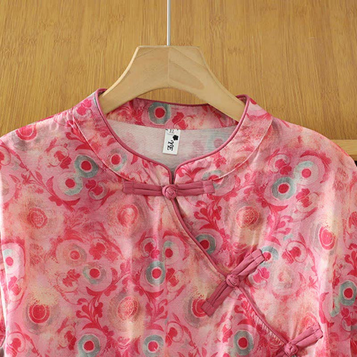 Buddha Stones Summer Elegant Mandarin Collar Side Slit Floral Print Women's Sleeveless Shirts - image 17